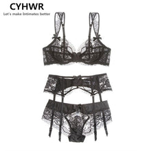 Load image into Gallery viewer, CYHWR Sexy Lace Ultra Thin Push Up Intimates Bra Sets for Ladies Three-piece Bra+Panties+Garters