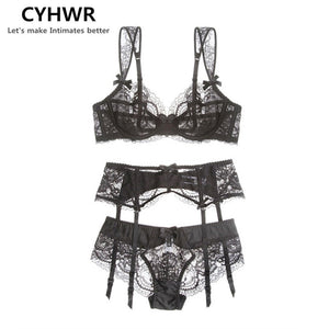 CYHWR Sexy Lace Ultra Thin Push Up Intimates Bra Sets for Ladies Three-piece Bra+Panties+Garters