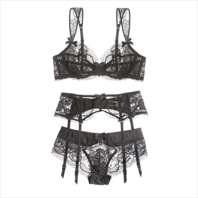 CYHWR Sexy Lace Ultra Thin Push Up Intimates Bra Sets for Ladies Three-piece Bra+Panties+Garters