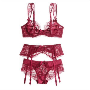 CYHWR Sexy Lace Ultra Thin Push Up Intimates Bra Sets for Ladies Three-piece Bra+Panties+Garters