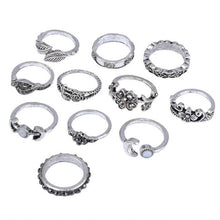 Load image into Gallery viewer, 11pcs/Set Women Bohemian Vintage Silver Stack Rings Above Knuckle Blue Rings Set Totems 11 piece suit Combination suit Ring #45