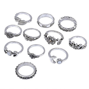 11pcs/Set Women Bohemian Vintage Silver Stack Rings Above Knuckle Blue Rings Set Totems 11 piece suit Combination suit Ring #45