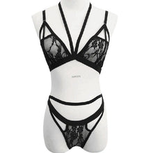 Load image into Gallery viewer, Women Sexy Floral Lace Halter Neck Bandage Bra And Panties Lingerie Underwear Set Black White Fashion Solid