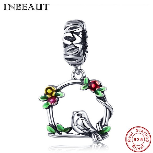 INBEAUT Hot 925 Sterling Silver Lovely Little Bird Pink Flower Tree Beads Women Clock Alarm Plane Charm fit Pandora Bracelet