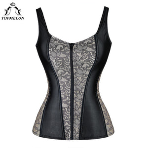 TOPMELON Waist Trainer Corset Bustier Corselet Steampunk Gothic Corset Women Sexy Corset Splice Floral  Leather Hot Tops Vest