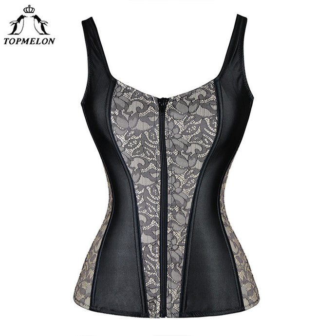 TOPMELON Waist Trainer Corset Bustier Corselet Steampunk Gothic Corset Women Sexy Corset Splice Floral  Leather Hot Tops Vest