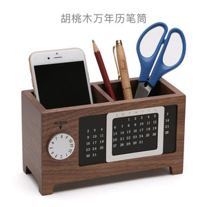 JUH Home Office Storage Box Wooden Stationary Organizer Desktop Calendar Office Organize Pen Pencil Container with Tissue Boxes