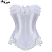 Load image into Gallery viewer, White Satin Overbust Corset with Zipper Side Bowknot Showgirl Body Shaper Top Sexy Lace up Corset Bustier Plus Size S-6XL