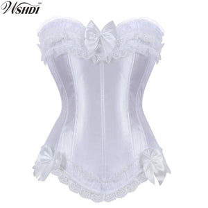 White Satin Overbust Corset with Zipper Side Bowknot Showgirl Body Shaper Top Sexy Lace up Corset Bustier Plus Size S-6XL