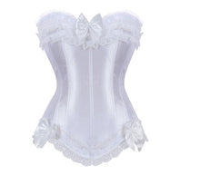 Load image into Gallery viewer, White Satin Overbust Corset with Zipper Side Bowknot Showgirl Body Shaper Top Sexy Lace up Corset Bustier Plus Size S-6XL