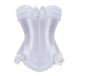 White Satin Overbust Corset with Zipper Side Bowknot Showgirl Body Shaper Top Sexy Lace up Corset Bustier Plus Size S-6XL