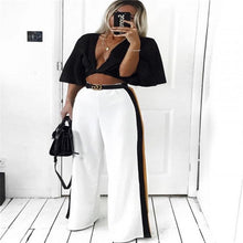 Load image into Gallery viewer, Women Fashion High Waist Straight Wide Leg Striped Sports Trousers Chic Ladies Loose Slim Elastic Waist Cropped Pants Plus Size