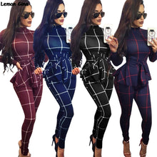 Load image into Gallery viewer, women new ruffles waist turtleneck long sleeve plaid print skinny pencil long pants jumpsuits bodycon rompers playsuits Y142