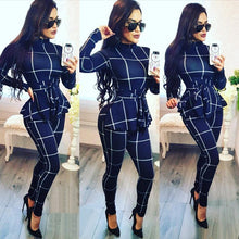 Load image into Gallery viewer, women new ruffles waist turtleneck long sleeve plaid print skinny pencil long pants jumpsuits bodycon rompers playsuits Y142