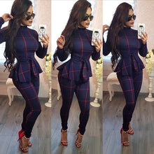 Load image into Gallery viewer, women new ruffles waist turtleneck long sleeve plaid print skinny pencil long pants jumpsuits bodycon rompers playsuits Y142