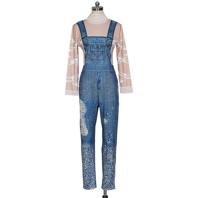 Women Long Sleeve Denim Jumpsuits Skinny Geometric Print Slim Back Zip One Piece Overall Turtleneck Casual Rompers