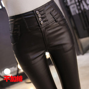 2019 new casual women leather pants mid elastic waist skinny pencil pants women's clothing pants&capris calca feminina pantal