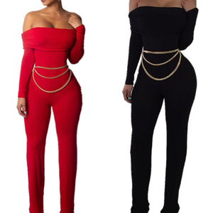 Sexy Solid Off Shoulder Long Sleeve Jumpsuit Casual Slash Neck Elegant Stacking Slim Women Autumn Winter Bodycon Romper Playsuit