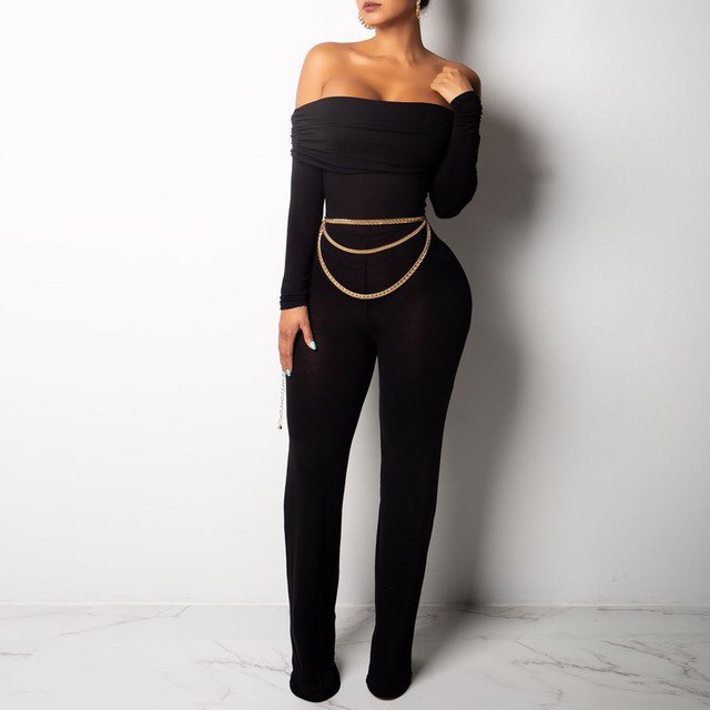 Sexy Solid Off Shoulder Long Sleeve Jumpsuit Casual Slash Neck Elegant Stacking Slim Women Autumn Winter Bodycon Romper Playsuit