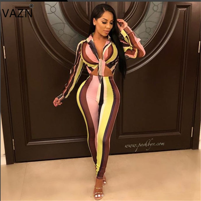 VAZN 2018 New Sexy Night Club Fashion Women Chiffon Jumpsuits Full Sleeve Deep V-neck Bow Autumn Women Long Romper LZ-387