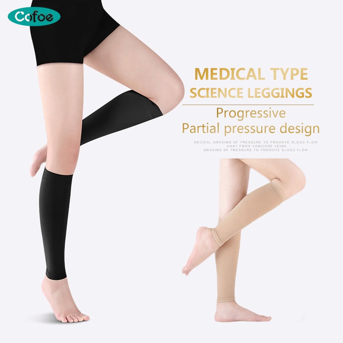 Cofoe  A Pair Medical Calf Compression Sleeve Compression Stocking 23-32mmHg Level 2 Varicose Vein Socks Unisex Beige & Black