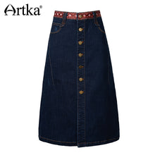 Load image into Gallery viewer, ARTKA 2018 Autumn Women Cotton A-line Skirt Exquisite Ribbon Metal Button Design Casual Washed Lady Solid Mini Skirt QN10087C