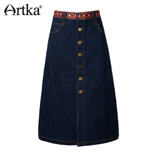 ARTKA 2018 Autumn Women Cotton A-line Skirt Exquisite Ribbon Metal Button Design Casual Washed Lady Solid Mini Skirt QN10087C